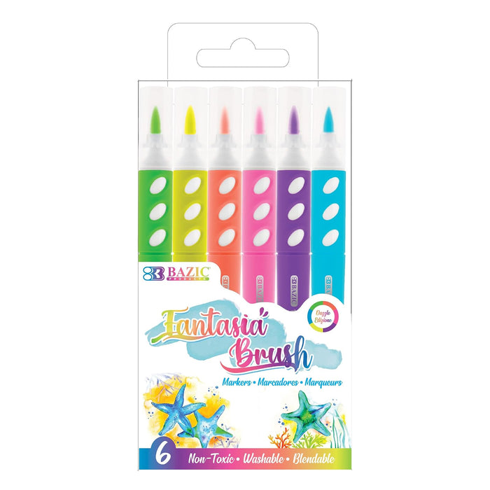 BAZIC Brush Markers 6 Neon Colors, Fine Line Washable Coloring Marker, Non Toxic Drawing Gift for Art School Supplies (6/Pack), 1-Pack