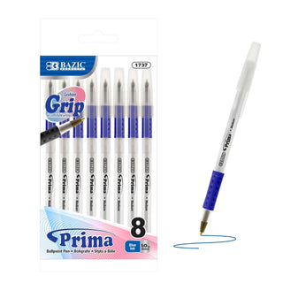 BAZIC Prima Blue Stick Pen w/ Cushion Grip (8/Pack)