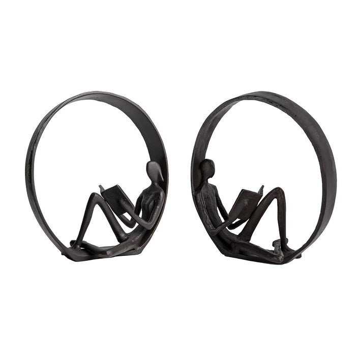 Danya B. Contemporary Encircled Male & Female Reader Cast Iron Sculpture Bookend Statues (Set of Male and Female)