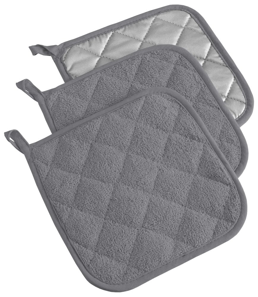 DII Design Basic Terry Collection Quilted 100% Cotton, Potholder, Gray, 3 Piece