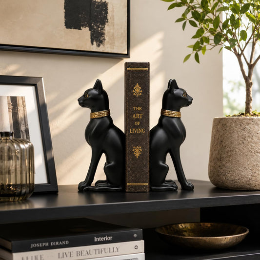 Comfy Hour Farmhouse Home Decor Collection Polyresin Solid Heavy Set of L/R Egyptian Cats Art Bookends, 1 Pair, Black