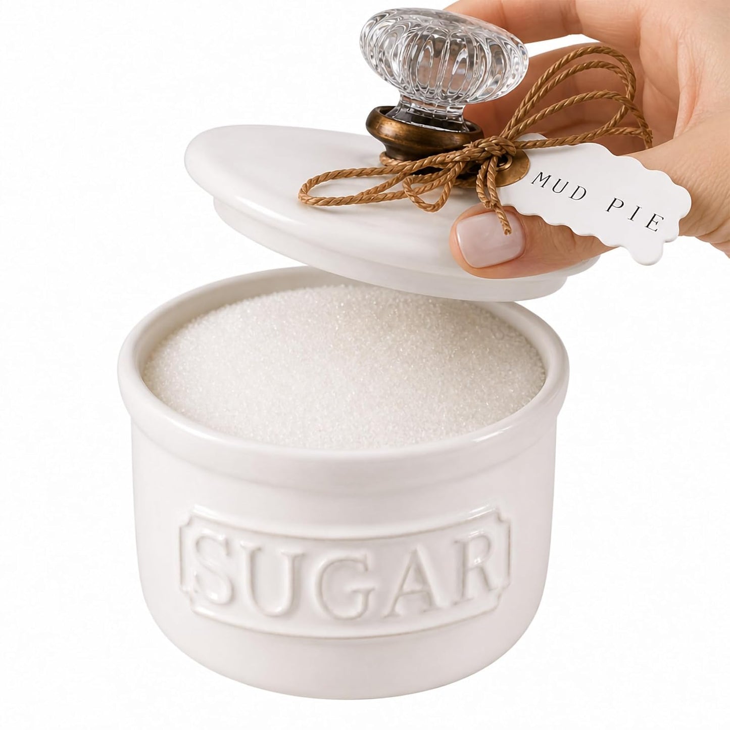 Mud Pie Door Knob Sugar Bowl, bowl 2 1/2" x 4" dia | lid 3" x 4 1/2" dia, White