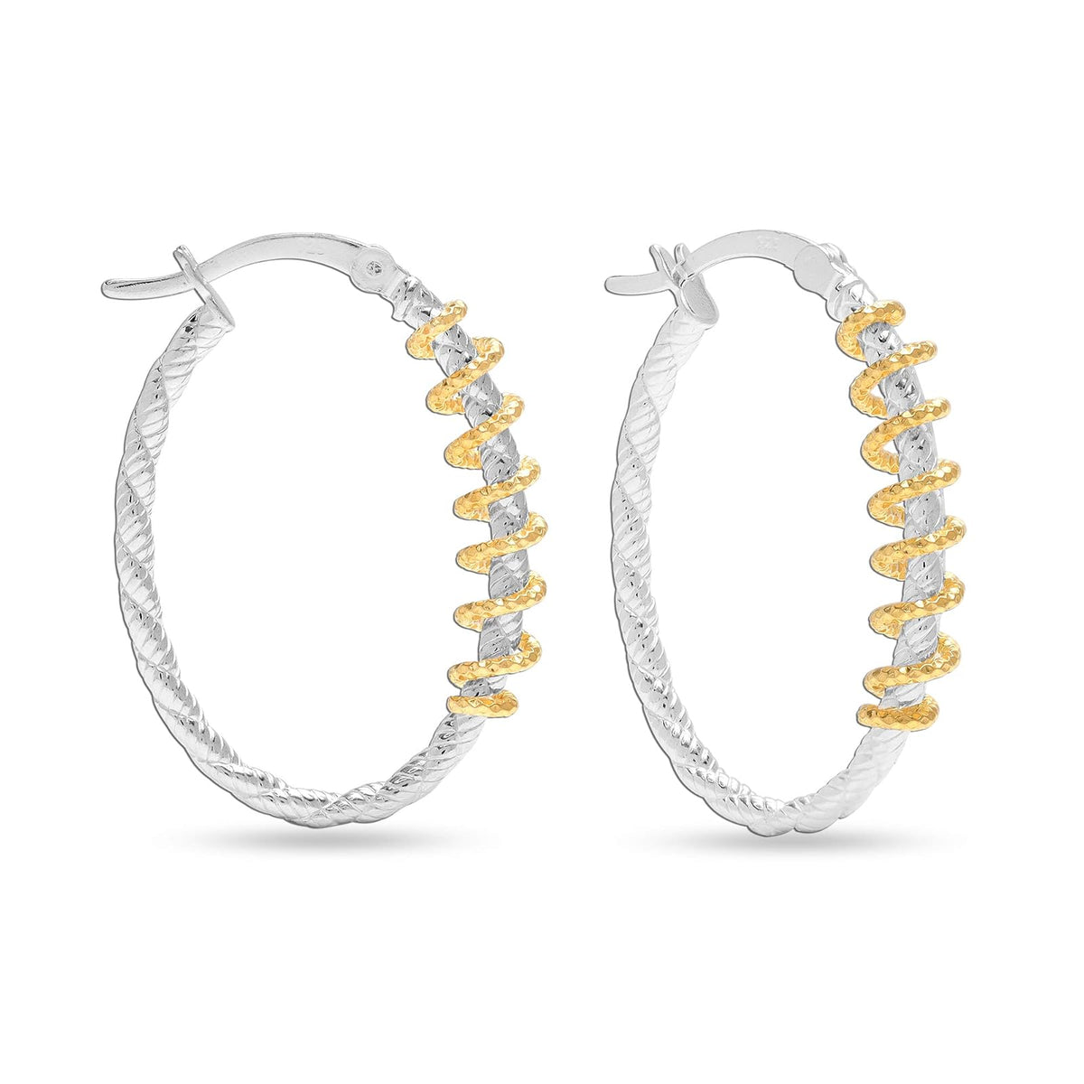 LeCalla Sterling Silver Jewelry Two-Tone Textured Oval Click-Top Hoop Earrings for Women Teen