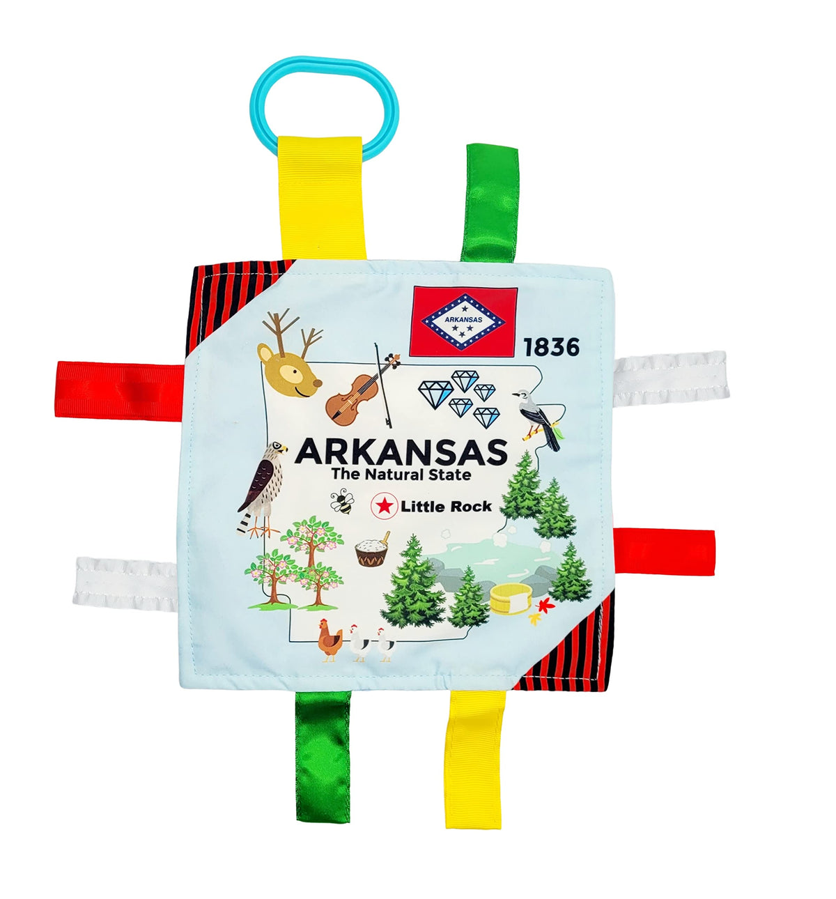 Baby Jack & Co 8x8” Learning Lovey Arkansas State Tag Stroller Toy for Babies - Crinkle Toys for Developing Five Senses - Learn About Capitals - Travel with Baby Jack - BPA Free Clip