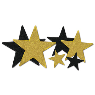 Beistle Glittered Foil Sparkle Paper Star Cut Outs 6 Piece VIP Awards Night Decorations - New Year’s Eve Party Supplies, 5" - 12", Black/Gold