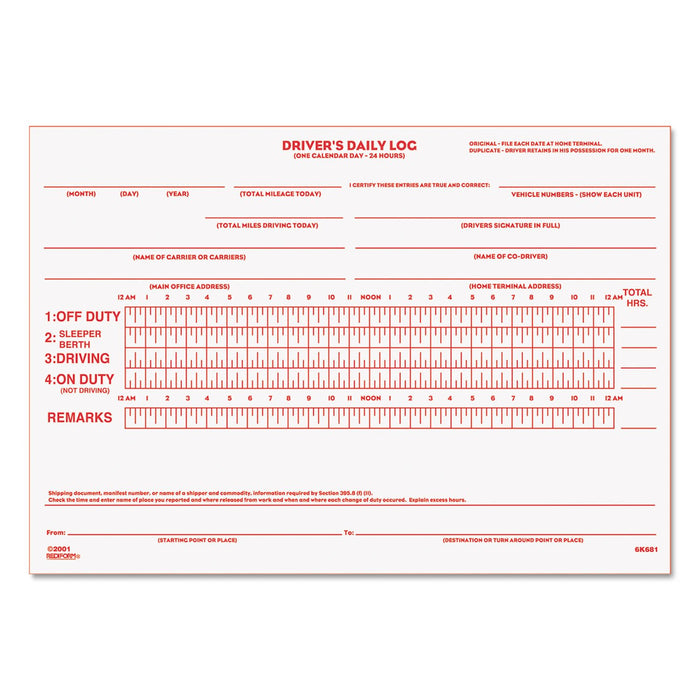Rediform Driver's Daily Log Duplicate Book with Carbon, 5-1/2 x 7-7/8, 31 Sets per Book (RED6K681)