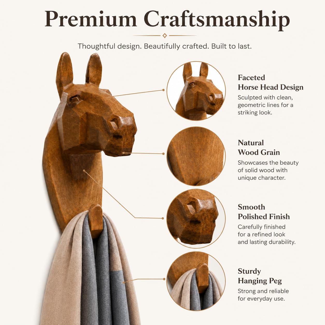 Comfy Hour Symmetric Geometric Animal Hook Collection Horse Head Single Coat Hook Clothes Rack Decorative Wall Hanger, 7-inch Polyresin