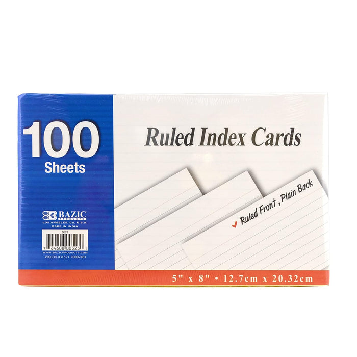 BAZIC 100 Count 5" X 8" Ruled White Index Card, Lined Study Reminder Note Cards Flash Cards, for Learning Memory Recipe Office School Home, 1-Pack