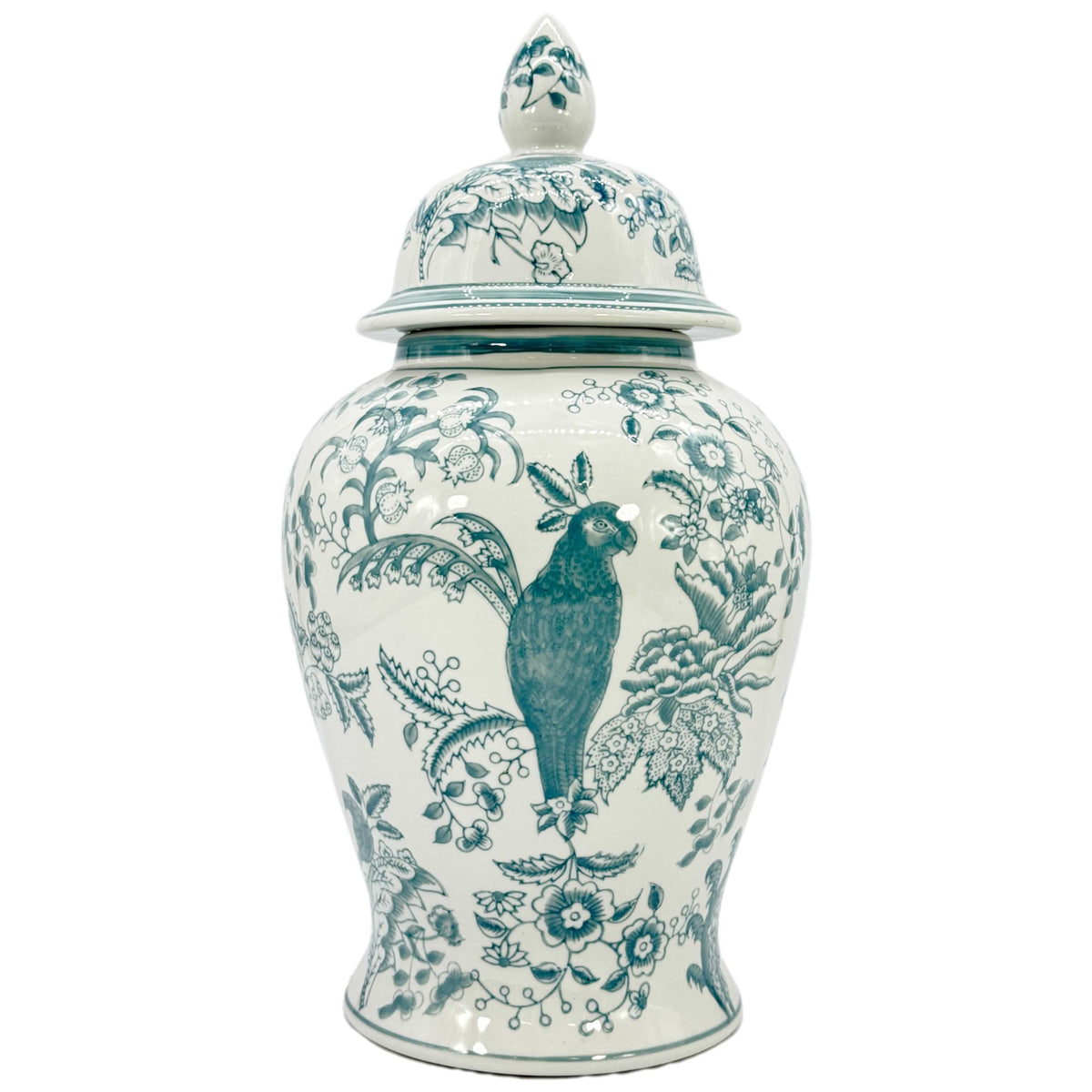 Galt International Dark Teal Parrot Floral Chinoiserie Ceramic Temple Jar 18" w/Lid - Ginger Jar Home & Kitchen Decor for Interior Design - Teal