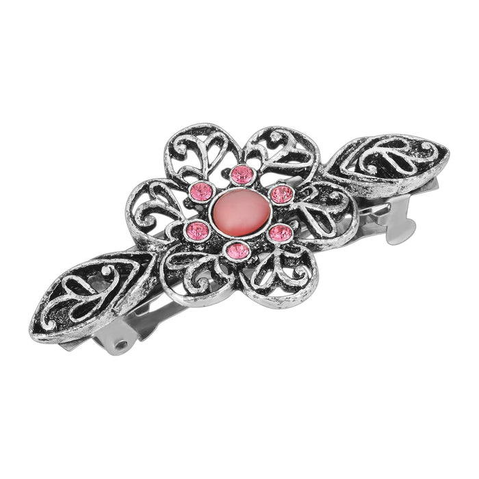 1928 Jewelry Silver Tone Pink Crystal Flower Bar Barrette