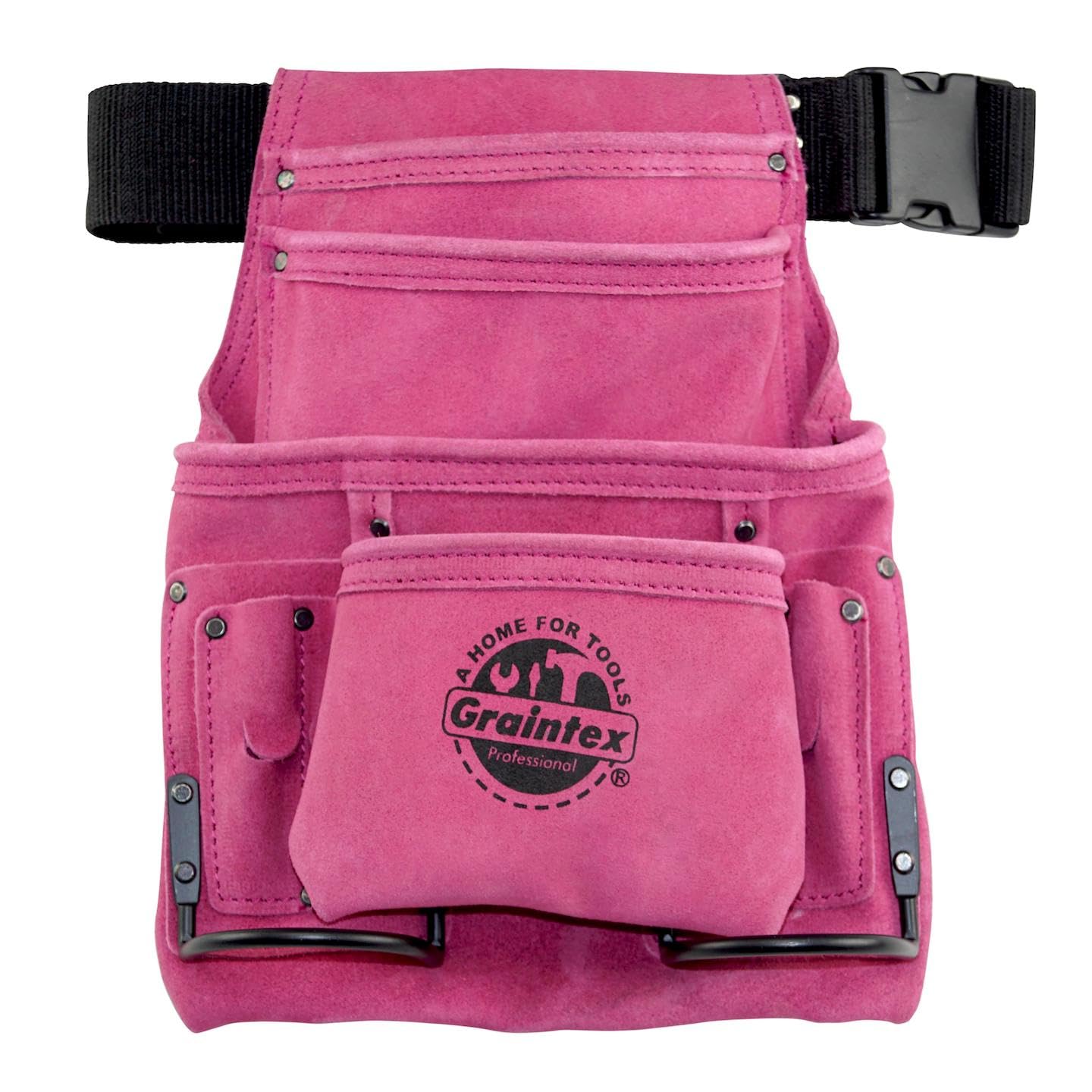 Graintex SS2186 10 Pocket Nail & Tool Pouch Pink Color Suede Leather with 2†Webbing Belt for Constructors, Electricians, Plumbers, Handymen