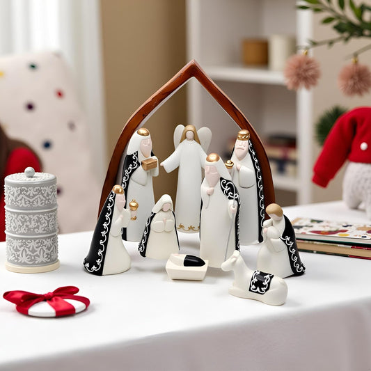 Comfy Hour Faith and Hope Collection Baby Jesus, Holy Family with Angel, Christmas Nativity Scene Figurine, Stable Set of 9 Pieces, Polyresin