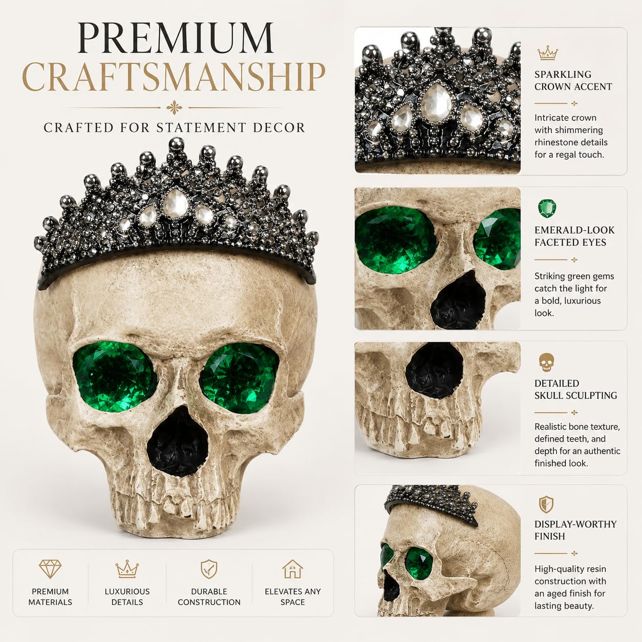 Comfy Hour Fairyland Collection Resin Horrific Human Skull Head Bone Wearing Crown with LED Light in Eyes Statue, Halloween Accent Decor, Polyresin