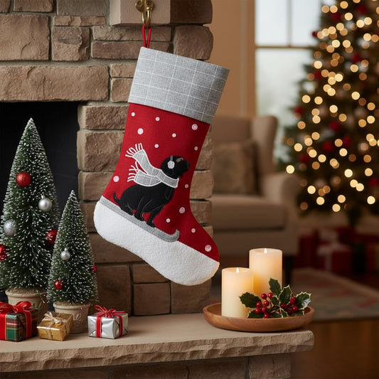 Comfy Hour Winter Holiday Home Collection 18"x11" Snowing Scarf Dog On Sleigh Stocking Christmas Decoration, Polyester
