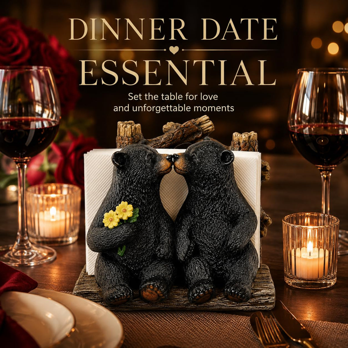 Comfy Hour 5.1 Inch Bear Napkin Holder, Kissing Black Bears