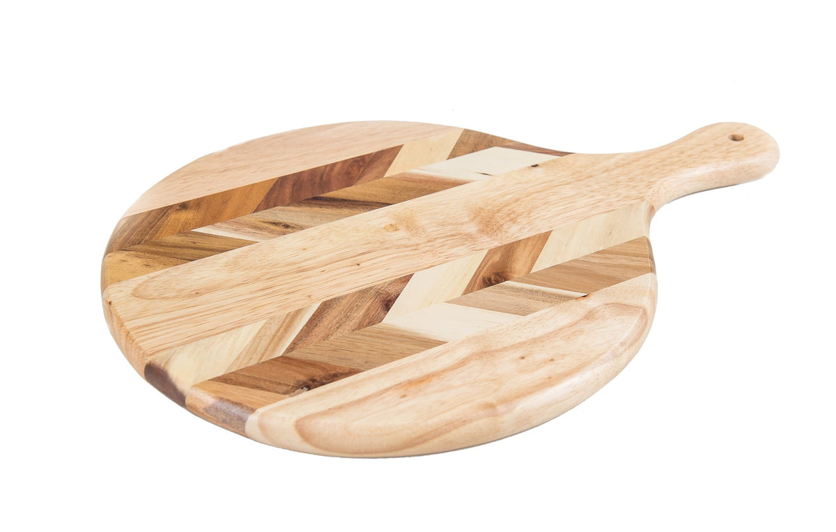 Lipper International Acacia and Rubberwood Herringbone Round Charcuterie Paddleboard for Hors D’oeuvres, Cheeses, Meats or Snacks, 16 1/2 x 11 1/2" x 3/4"