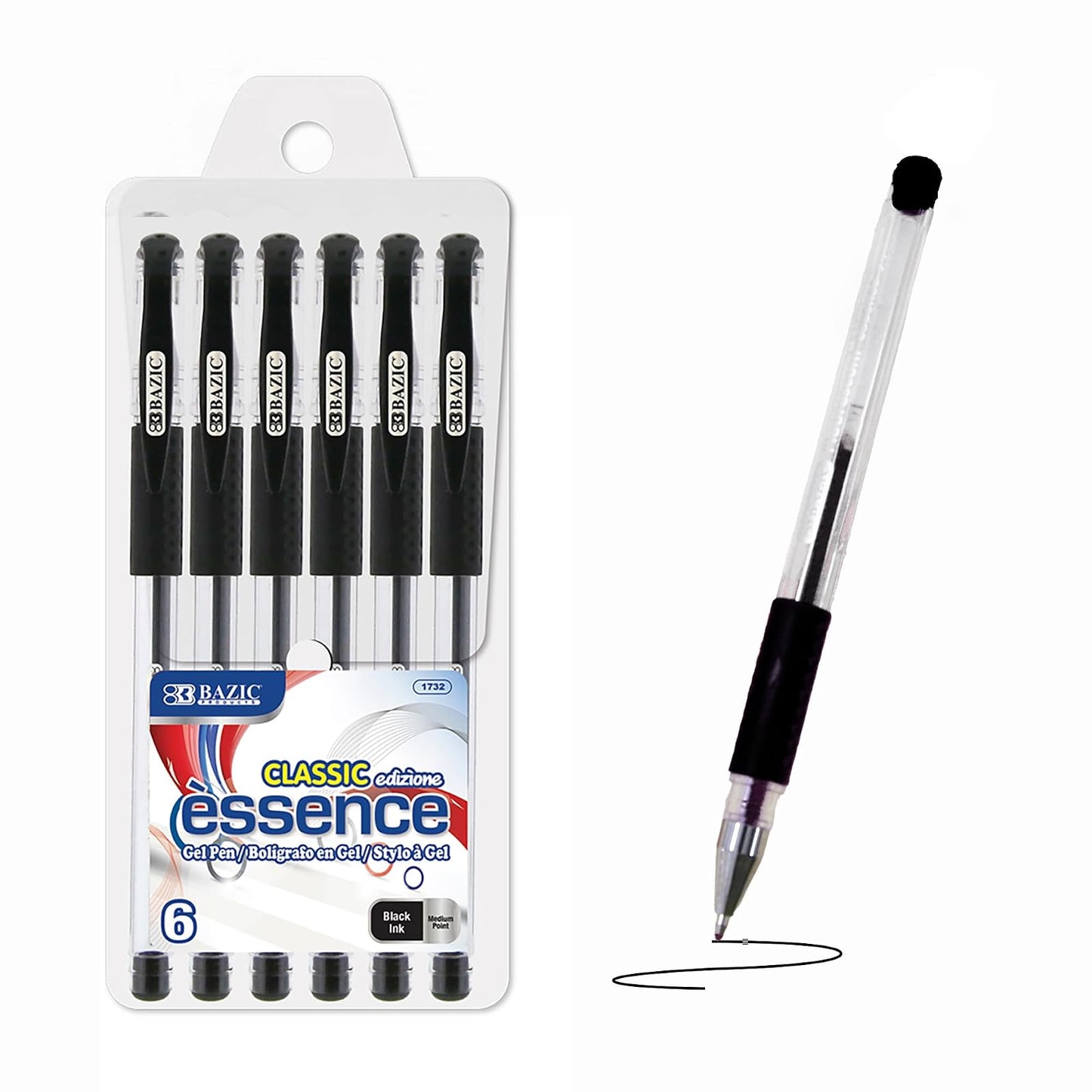 BAZIC Essence Black Gel-Pen w/Cushion Grip (6/Pack), 1-Pack