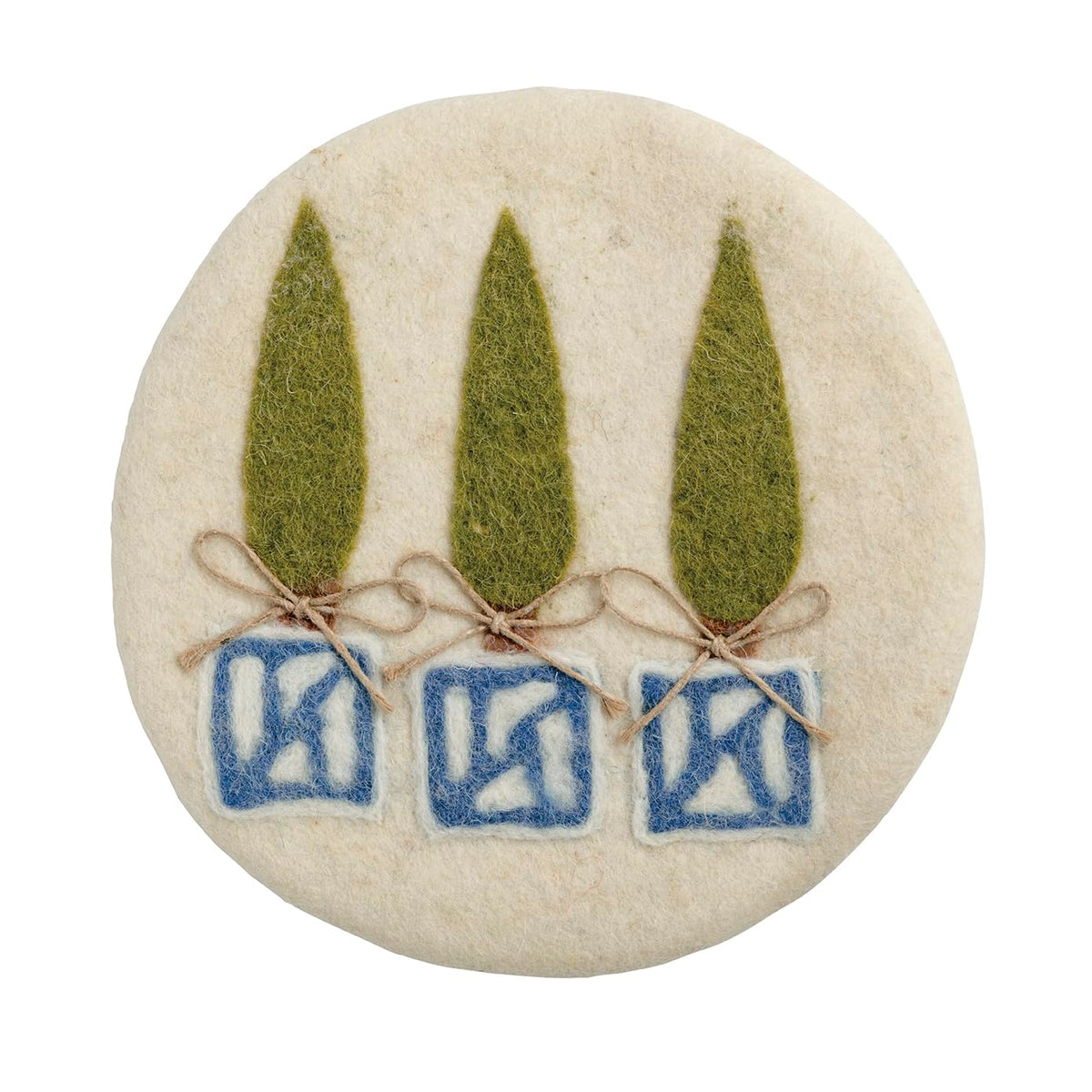 Mud Pie Trivet, 8" dia, Green Three Topiary
