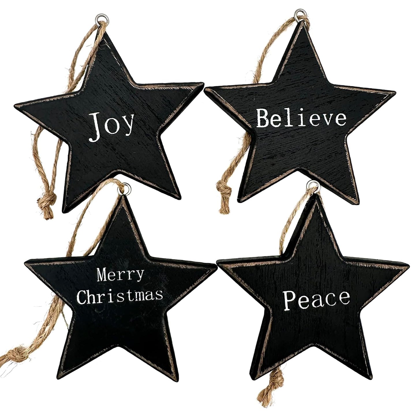 CWI Primitive Wood Black Stars Ornaments Lot of 4 Family Simplify Believe Faith Country Christian - Hearthside