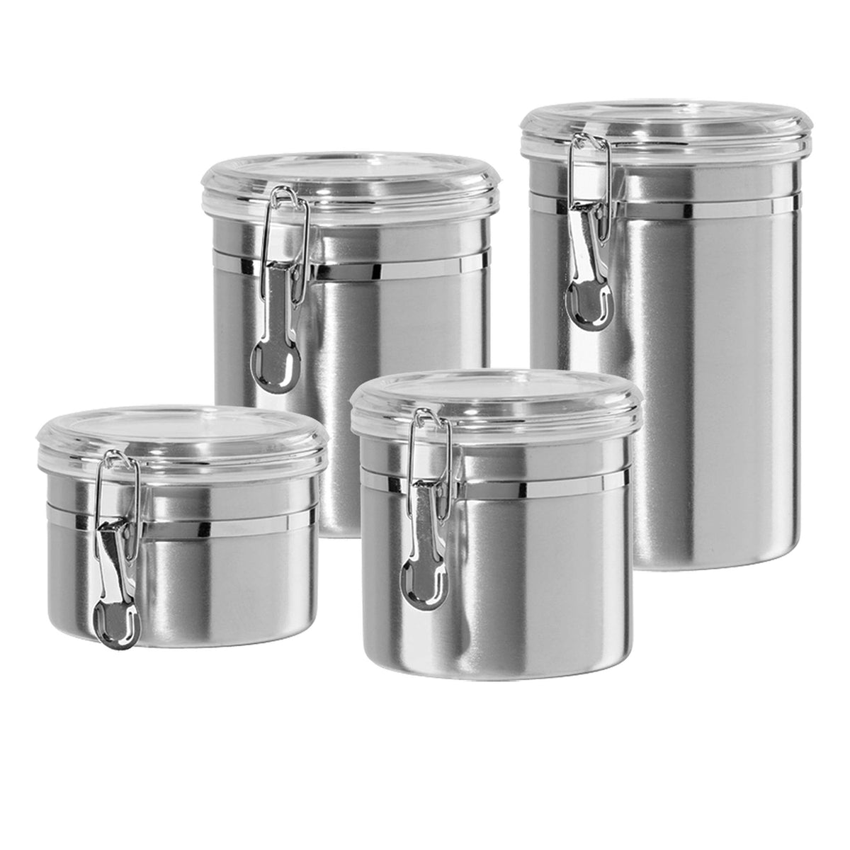 Oggi 4-Piece Stainless Steel Canister Set with Acrylic Lid and Clamp-Set Includes 1 each: 26oz, 36oz, 47oz, 62oz.
