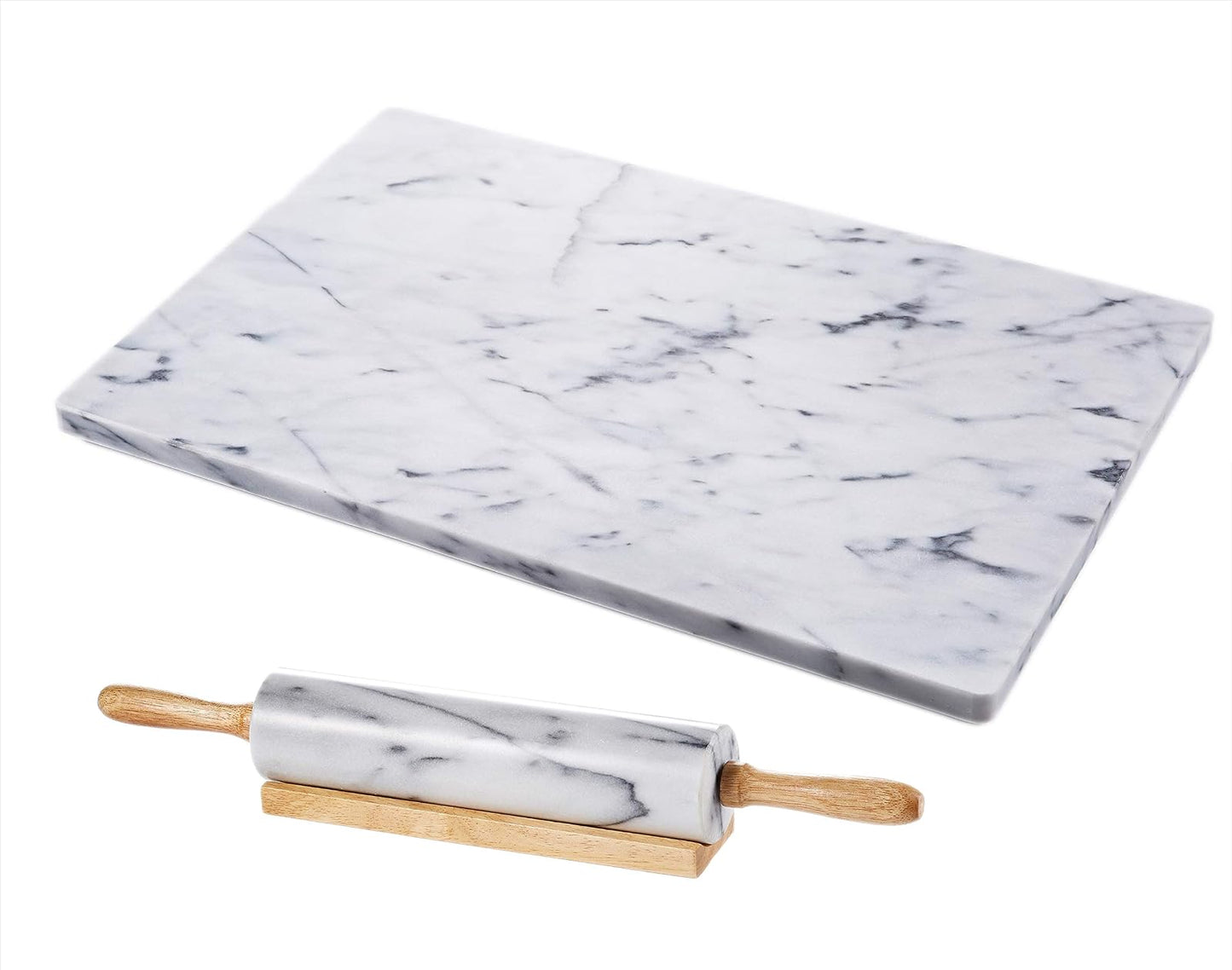 JEmarble Pastry Board 16x20 inch Set with Rolling Pin/Wooden Handles 18 inch(White) Non-Slip Rubber Feets for Stability Perfect for Keep the Dough Cool and Chocolate Tempering(Premium Quality)