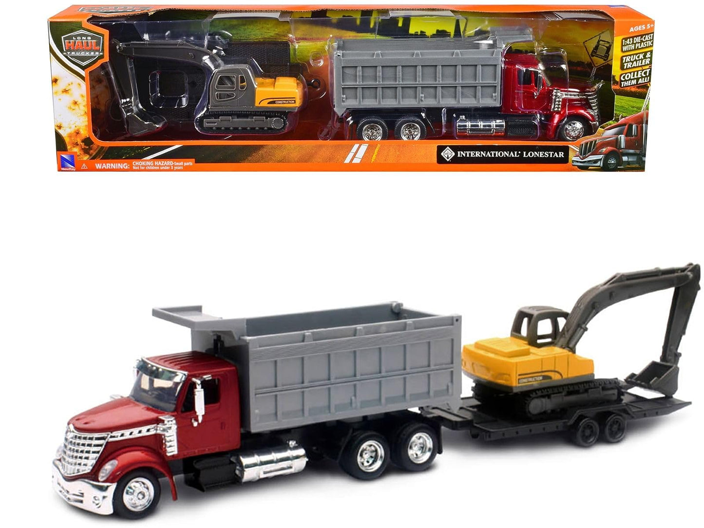 New Ray Toys International Lonestar, Dump Truck w/Excavator 1:43 Scale 18" DIECAST 16623 RED
