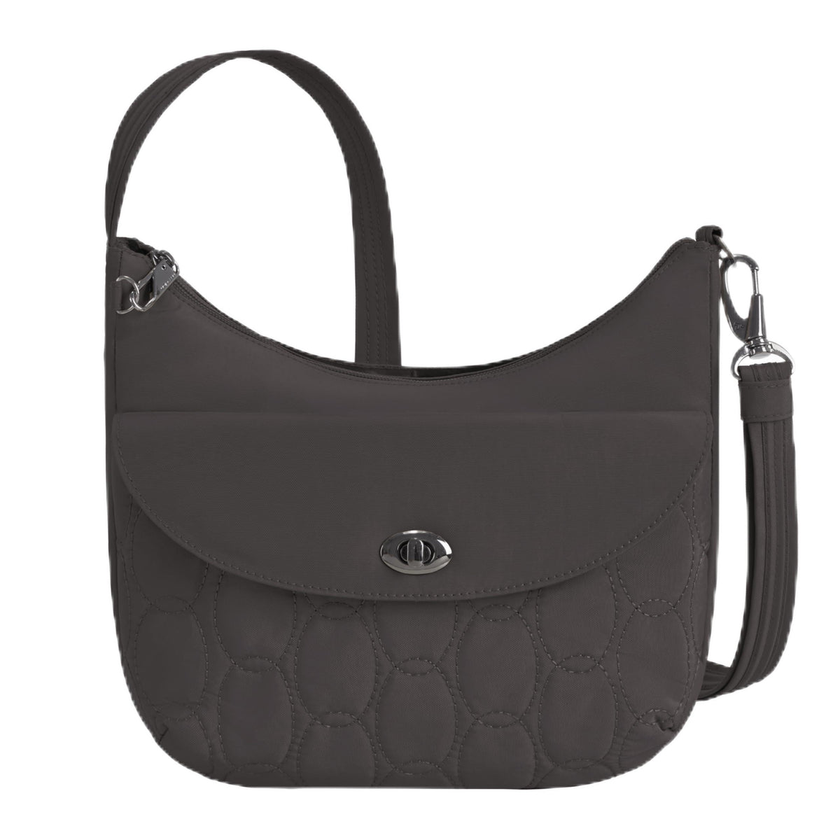 Travelon Handbag, 11”W x 8”-9.75”H x 4”D, Smoke