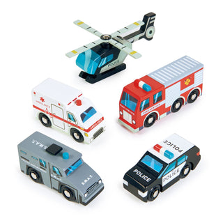 Tender Leaf Toys - Emergency Vehicles - 5 Wooden Rescue Vehicles with Moving Parts for Toddler Boys and Girls - Great Gift for Car Lovers - Educational Pretend Play Vehicles - Age 3+