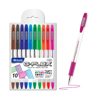 BAZIC 10 Color G-Flex Oil-Gel Ink Pen, Soft Barrel Grip, Stick Ballpoint Pens Medium Point, Assorted Bright Colors Smooth Writing, 1-Pack