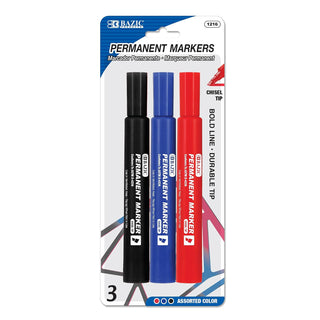 BAZIC Permanent Marker Chisel Tip, Wide Assorted Color Markers, Coloring on Plastic Wood Metal Glass Stone for Art Office (3/Pack), 1-Pack