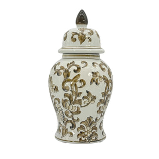 Galt International Vase, 14", 14-in White & Brown Floral Ginger Jar