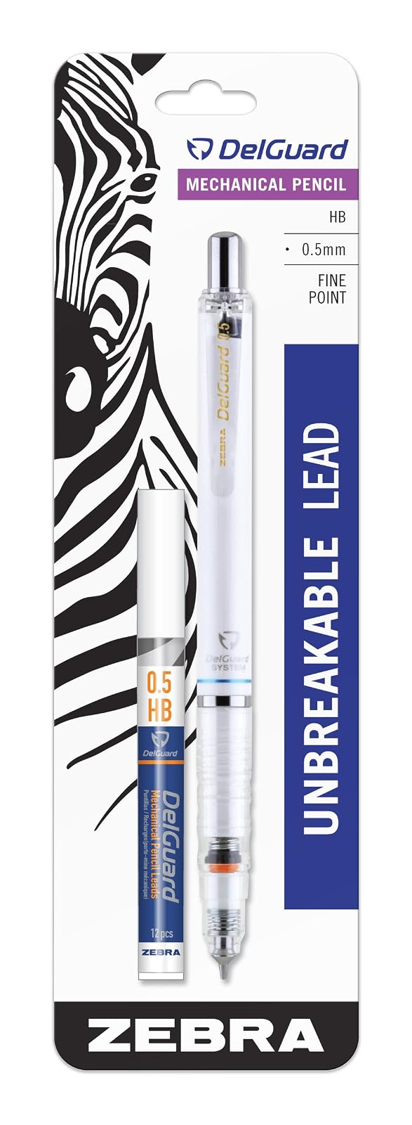 Zebra Pen DelGuard Mechanical Pencil with Lead Refill, Fine Point, 0.5mm, White Barrel, Standard #2 HB Lead, Refillable, 1-Pack