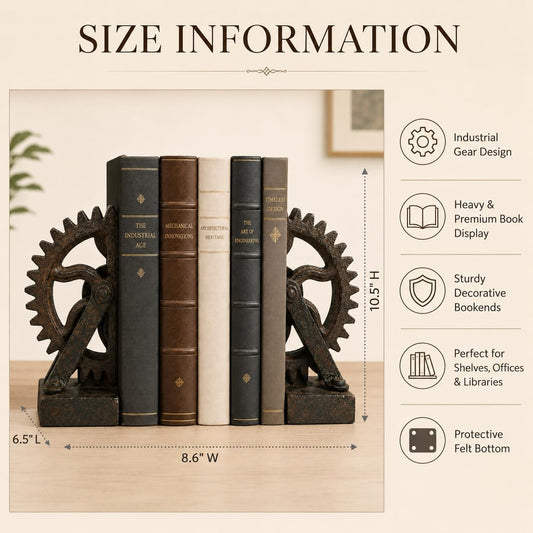 Comfy Hour Farmhouse Home Decor Collection Resin Set 2 Wheel Gear Bookends Art Bookends Solid Heavy Weight, Brown & Black