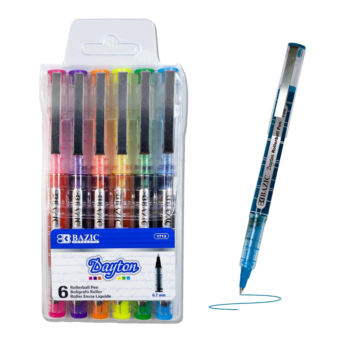 BAZIC 6 Color Dayton Rollerball Pen w/Metal Clip 0.7mm, Flowing Liquid Ink, Smooth Writing Rolling Ball Stick Pens, Assorted Colors, 1-Pack
