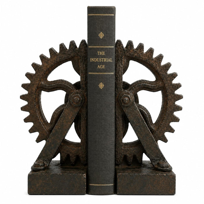 Comfy Hour Farmhouse Home Decor Collection Resin Set 2 Wheel Gear Bookends Art Bookends Solid Heavy Weight, Brown & Black