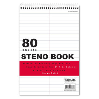 BAZIC Perforated Writing Pad Writing Pad, 80 Sheets 6"x9" White Gregg Ruled Steno Book, 1-Pack