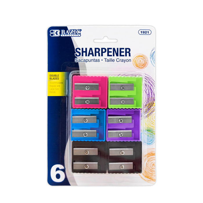 BAZIC Dual Blades Pencil Sharpener w/Receptacle, Fit Standard & Jumbo Size Pencils Crayon, Sturdy Double Blade, Assorted Color, for Home Office School Artist Students Kids (6/Pack), 1-Pack