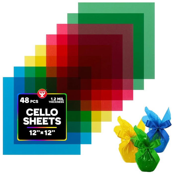 Hygloss Products Cello Sheets - Great for Arts, Crafts, DIY Projects, Classroom Activities, Gift Wrapping and More - 12 x 12 Inches - 4 Colors, 12 of Each - 48 Pack