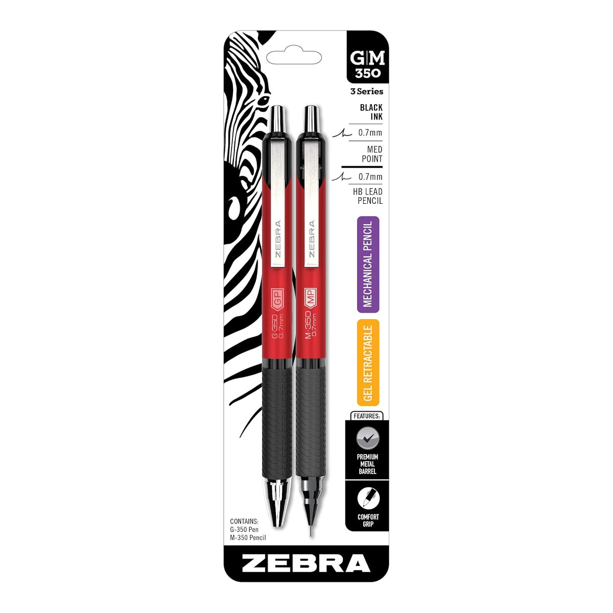 Zebra Pen G-350 and M-350 Retractable Gel Pen/Mechanical Pencil Set, Premium Red Metal Barrel, Medium Point, 0.7mm, 2-Pack (11132)