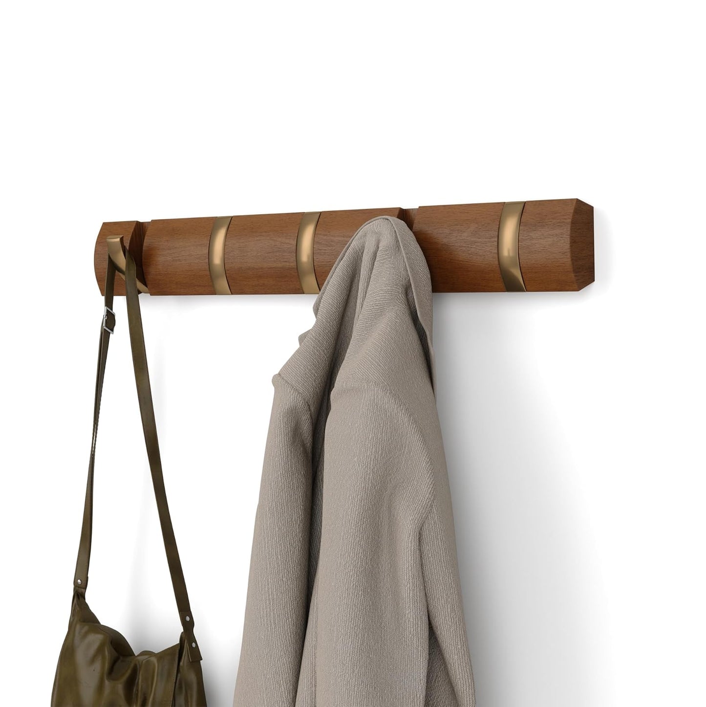 Umbra FLIP Wall Mounted Floating Rack Modern, Sleek, Space-Saving Hanger with Retractable Hooks to Hang Coats, Scarves, Purses and More, Walnut/Gold