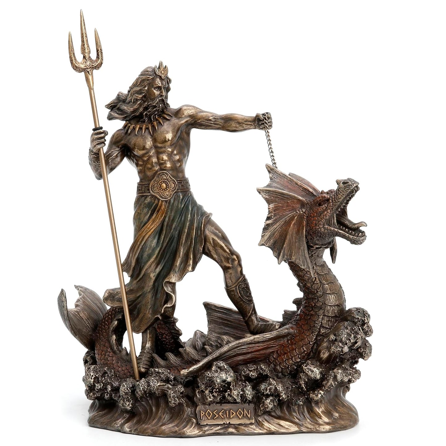 Unicorn Studio Poseidon With Trident Standing On Hippocampus, Cold Cast Bronze, 9 1/4 Inch Tall