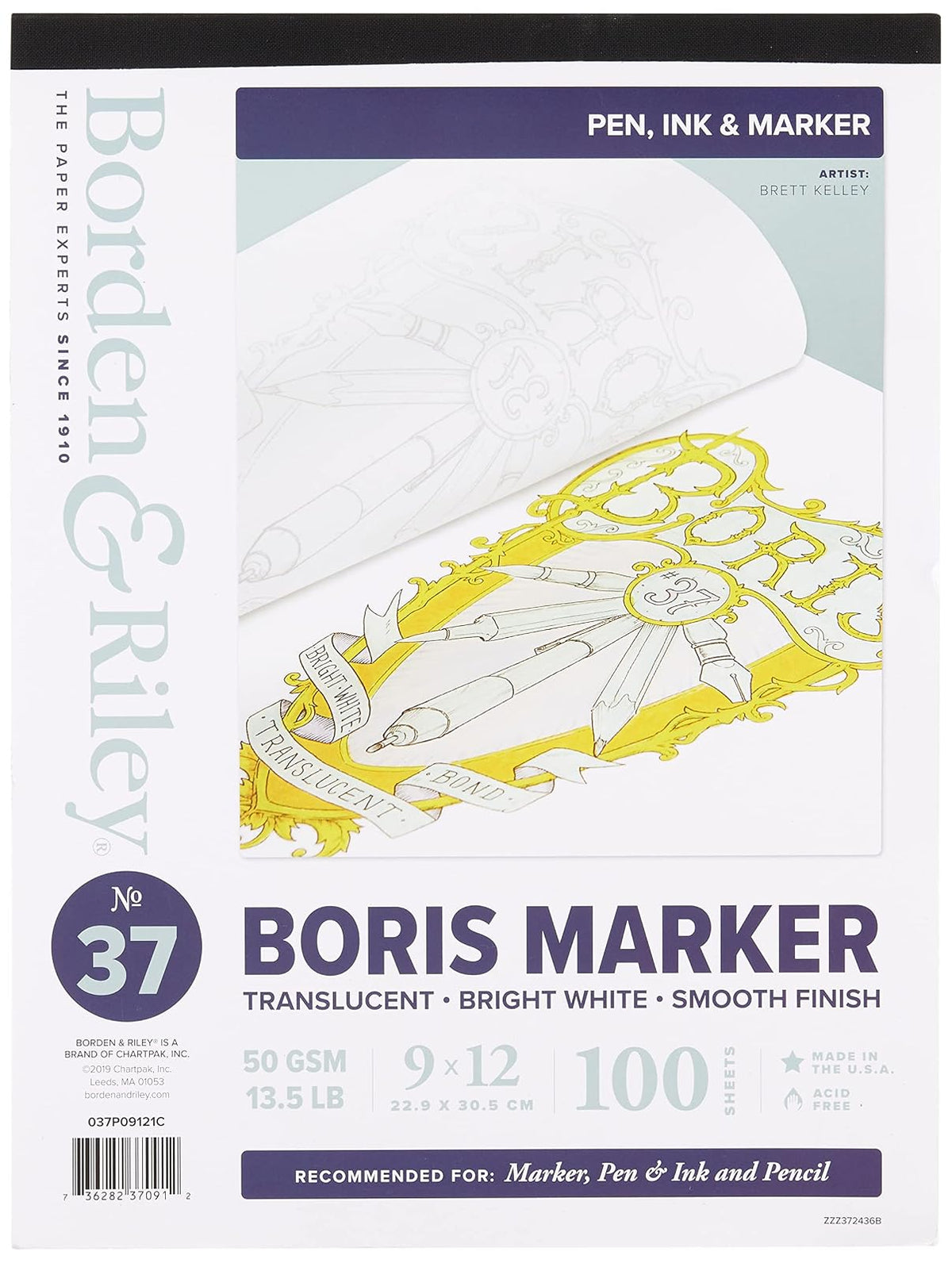 Chartpak Borden & Riley #37 Boris Marker Layout Bright White Translucent Bond Paper Pad, 9" x 12", 50 GSM/13.5 LB, 100 Sheets, 1 Pad Each (037P09121C)