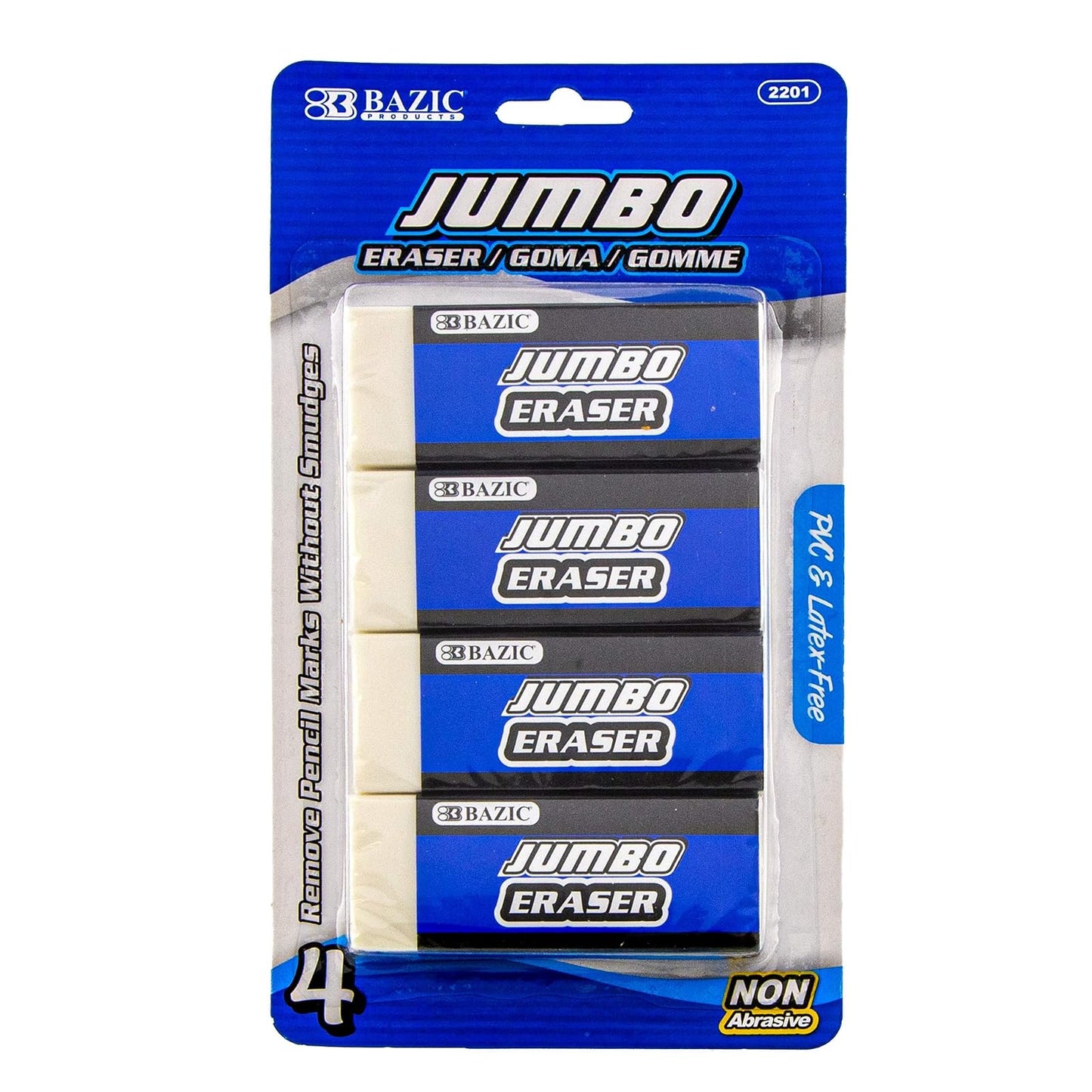 BAZIC Jumbo Vinyl Eraser (4/Pack), Latex Free, White Large Size Bulk Block Erasers for Art School Office Kids Teachers, Non Abrasive, Whiteout Smudges, 1-Pack