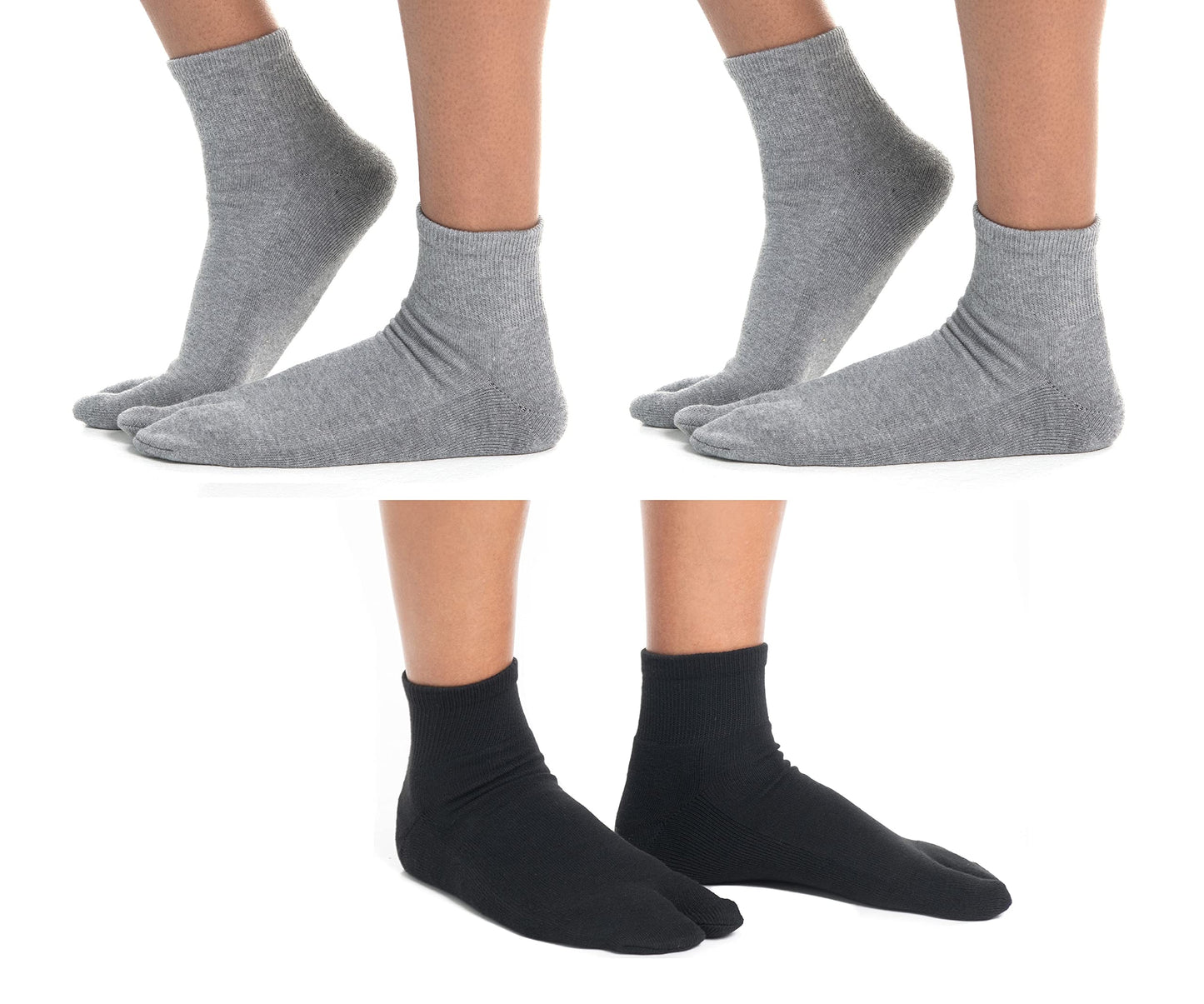 3 pairs Split Toe V-Toe Flip-Flop big toe tabi socks 2 Grey 1 Black Small Mini-Crew: Men 6-7.5 Women 7.5-9