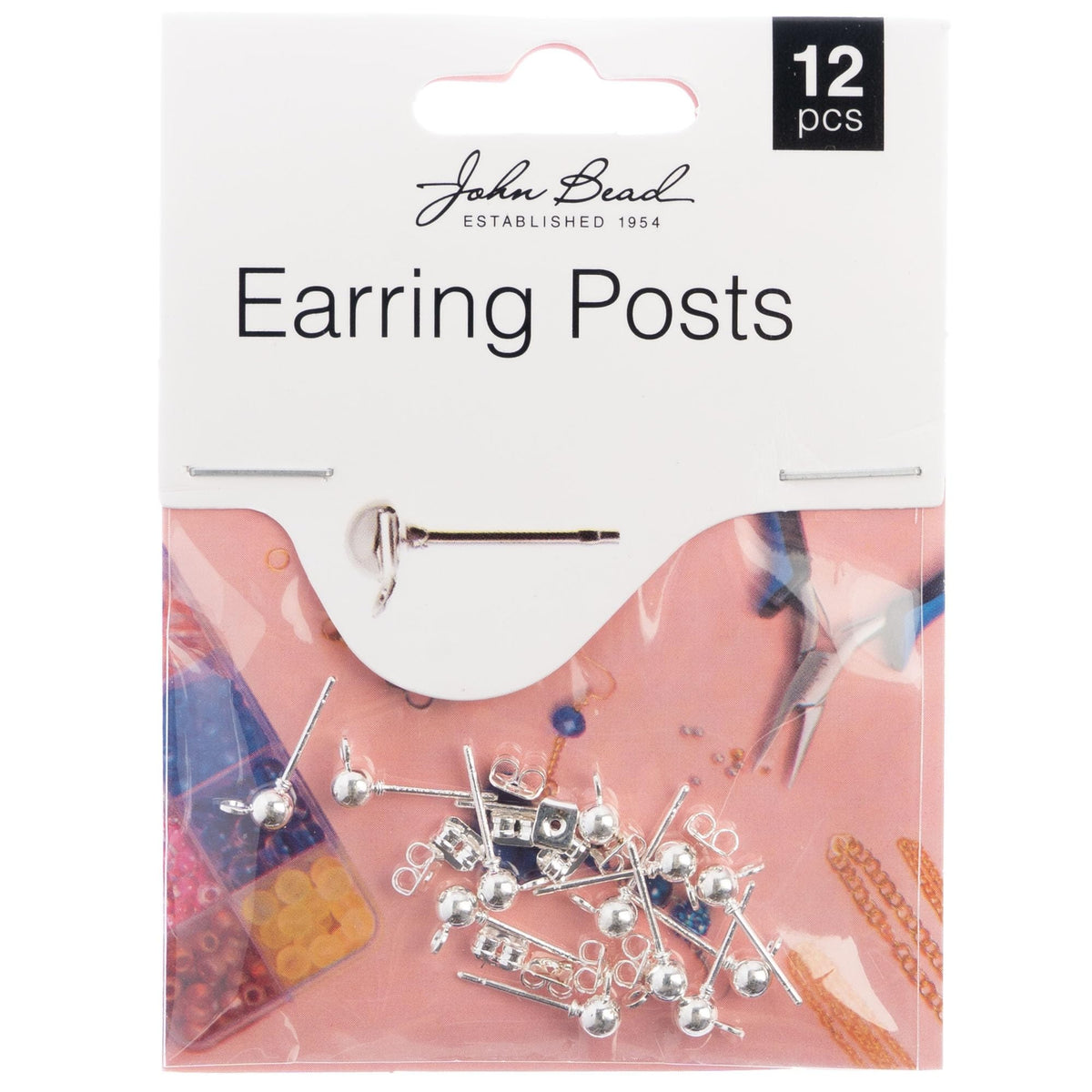 12pcs John Bead Must Have Findings 5x16mm Silver Metal Earring Post with 5mm Ball for Earrings, Jewelry Making Crafts DIY