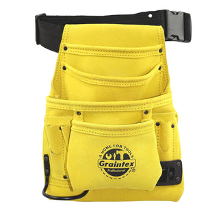 Graintex SS2256 10 Pocket Nail & Tool Pouch Yellow Color Suede Leather with 2†Webbing Belt for Constructors, Electricians, Plumbers, Handymen