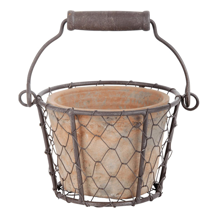 Esschert Design AT09 Aged Terracotta Single Pot with Metal Basket with Handle