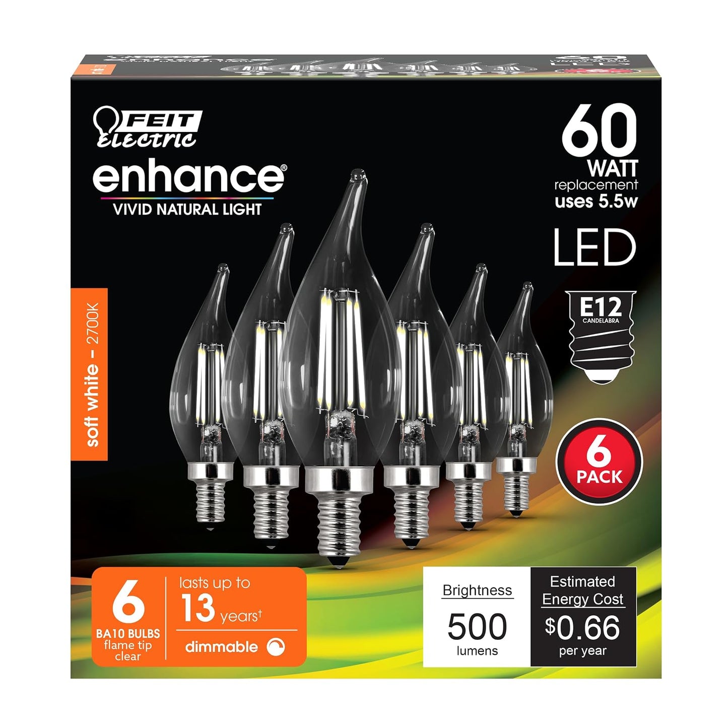 Feit Electric 60 W Equivalent Soft White CA10 Dimmable Enhance Decorative Candelabra LED Light Bulb (6-Pack)