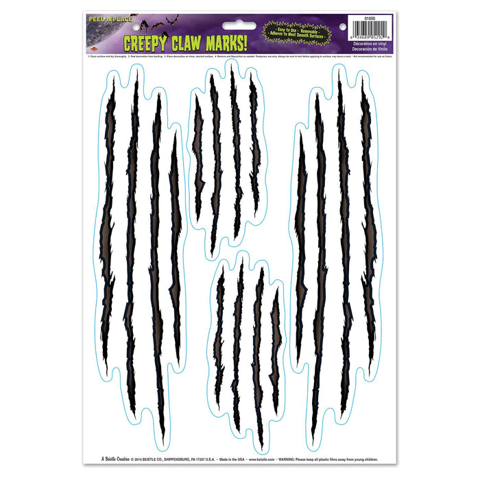 Beistle 4 Piece Creepy Claw Marks Peel-N-Place Wall Decorations for Spooky Halloween Party Supplies, 12 by 17-Inch, Multicolor