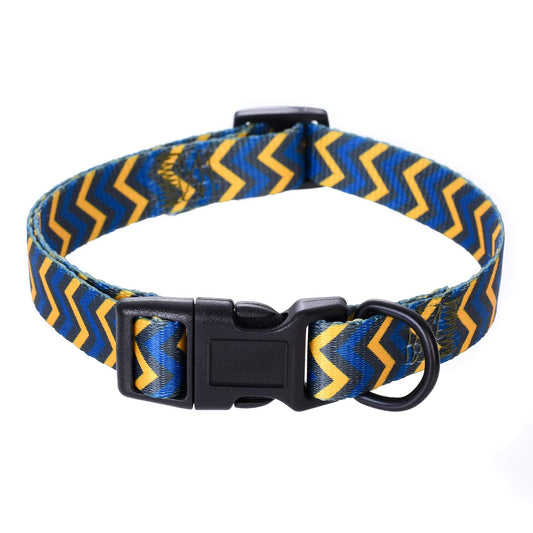 Mile High Life Dog Collar | Cute Puppy Collars | Lightweight Girl Dog Collar | Soft Boy Dog Collars | w Geometric Ocean Wavy Pattern (Blue/Yellow, Small)
